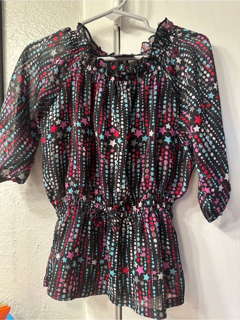 Faded Glory Black Peasant Blouse with Pink, Teal & White Stars